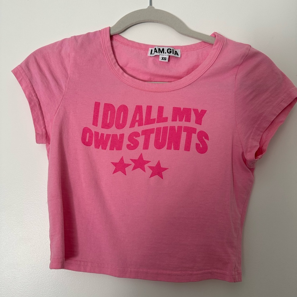 I.AM.GIA Pink Crop Top with Bold Stunt Print